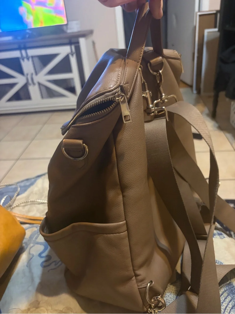 DIAPER BAG Pottery Barn Kids Baby Bag in Light Gray with Brown Leather Trim